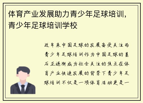 体育产业发展助力青少年足球培训，青少年足球培训学校