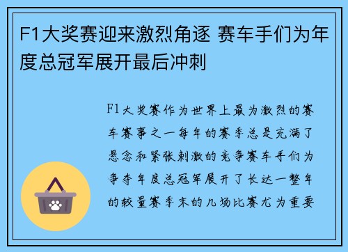 F1大奖赛迎来激烈角逐 赛车手们为年度总冠军展开最后冲刺